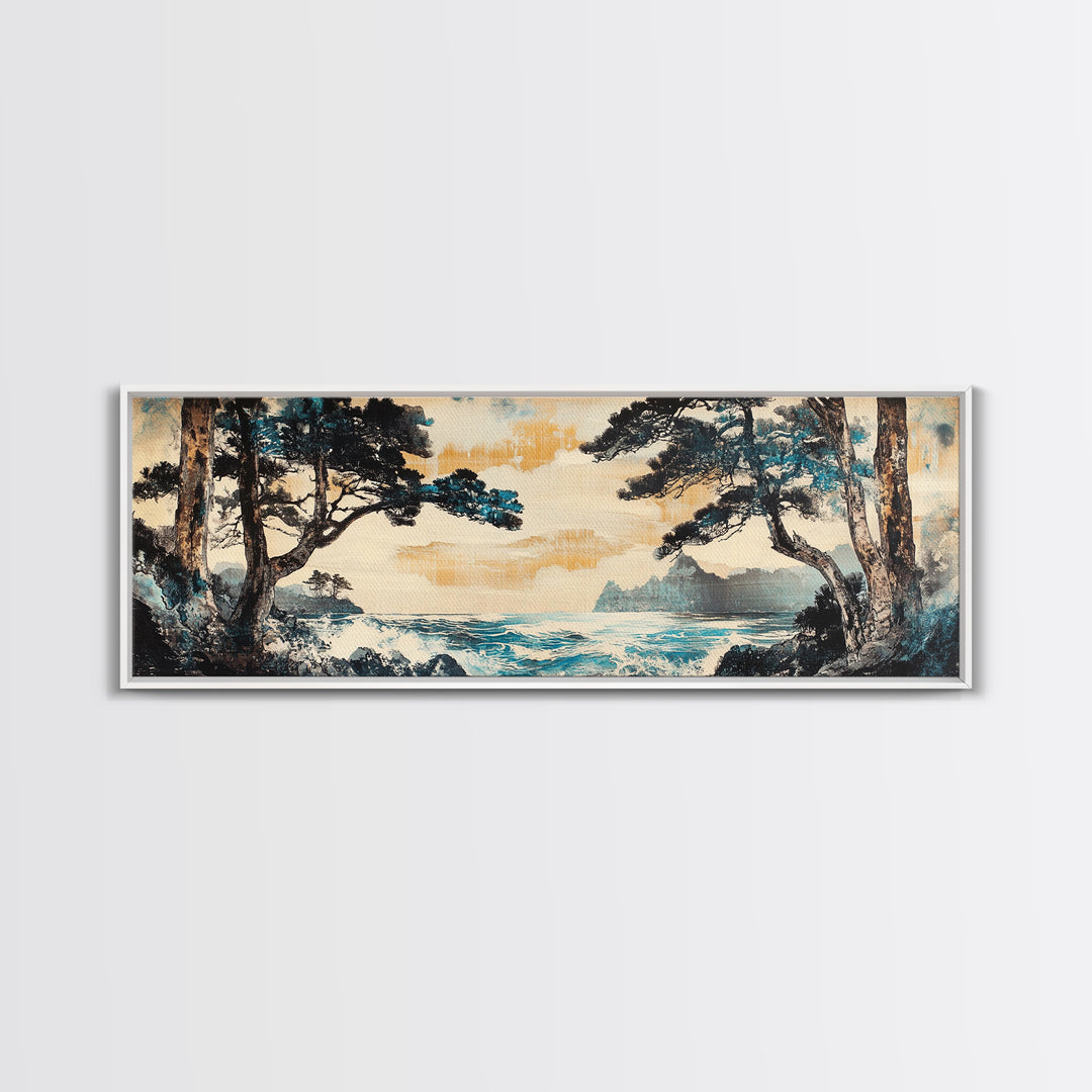 Misty Coastal Cove Canvas Print, Pine Tree Seascape Wall Art, Japanese Inspired Landscape, Large Panoramic Living Room Home Decor