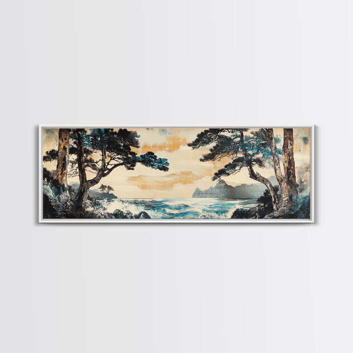 Misty Coastal Cove Canvas Print, Pine Tree Seascape Wall Art, Japanese Inspired Landscape, Large Panoramic Living Room Home Decor