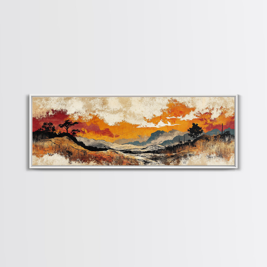Autumn Valley Sunset Canvas Print, Orange Mountain Landscape Wall Art, Rustic Nature Art, Large Panoramic Home Decor Print