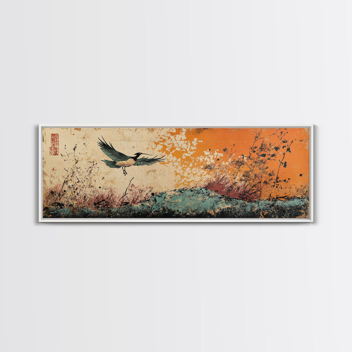 Flying Crane Over Floral Meadow Canvas Print, Japanese Bird Wall Art, Orange Sky Nature Art, Large Living Room Home Decor