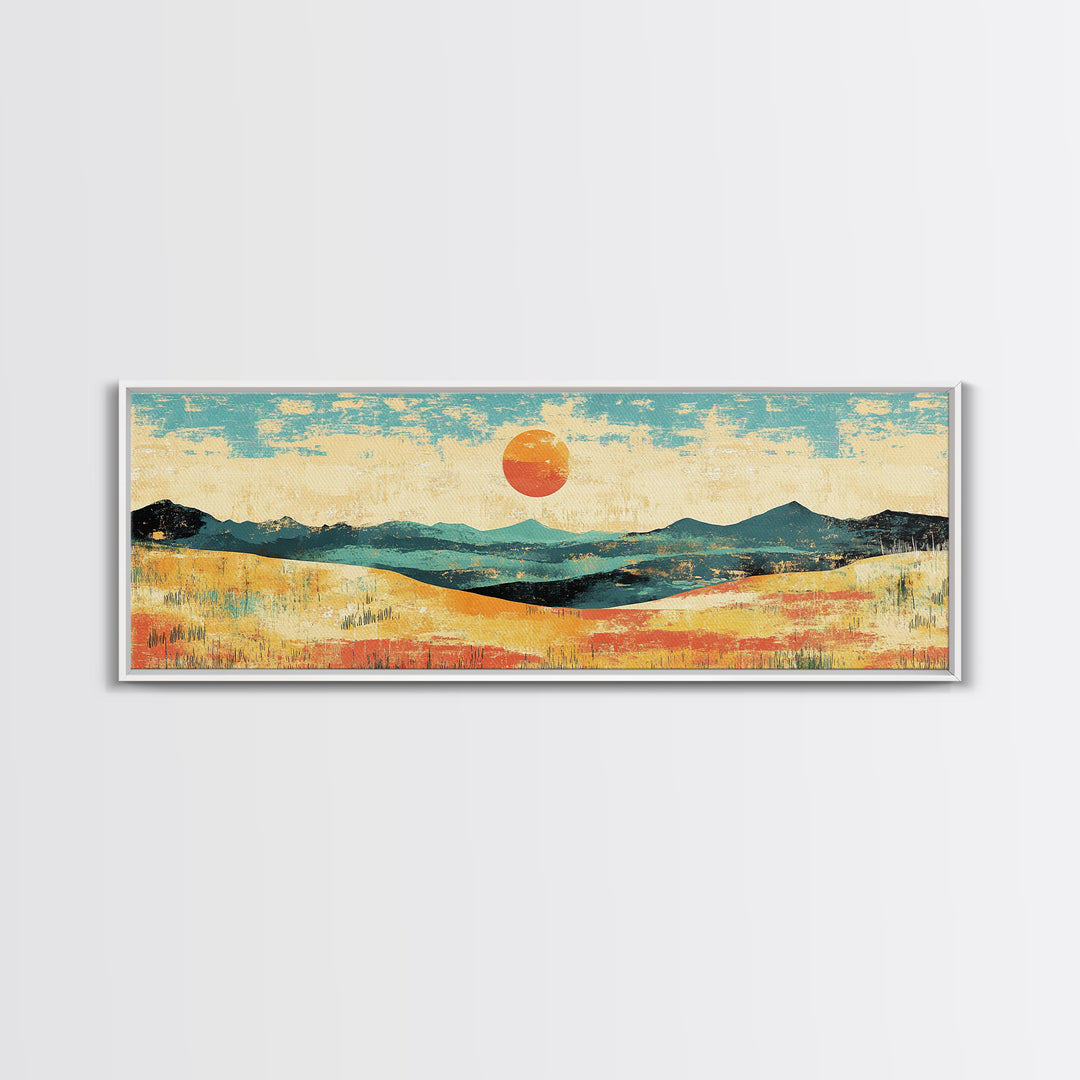 Sun Over Rolling Hills Canvas Print, Minimalist Landscape Wall Art, Mid Century Modern Home Decor, Large Living Room Print