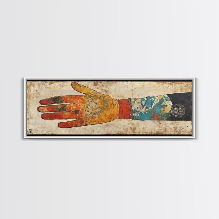Japanese Hand And Kimono Sleeve Wall Art, Wabi Sabi Framed Canvas Print, Asian Textile Decor, Eclectic Gallery Art For Living Room