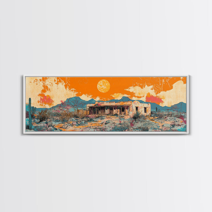Orange Desert Adobe House Wall Art, Southwestern Landscape Canvas Print, Modern Rustic Home Decor, Santa Fe Style Poster