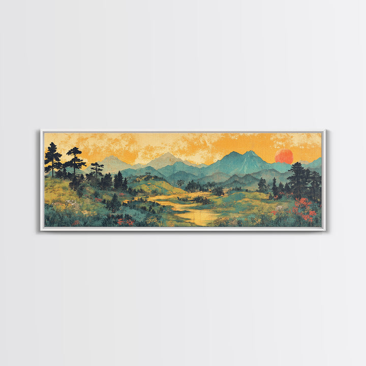 Misty Mountain Meadow Wall Art, Golden Sunrise Landscape Canvas Print, Nature Wall Decor, Above Sofa Living Room Decor Print
