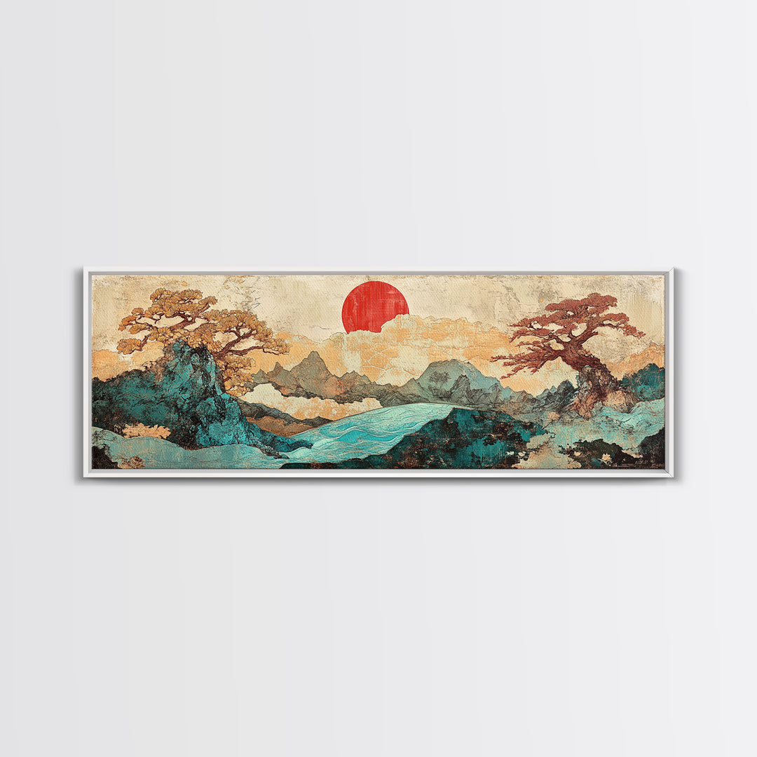Red Sun Mountain River Landscape Wall Art, Japanese Wall Art, Panoramic Canvas, Japandi Decor, Living Room Wall Decor, Home Decor