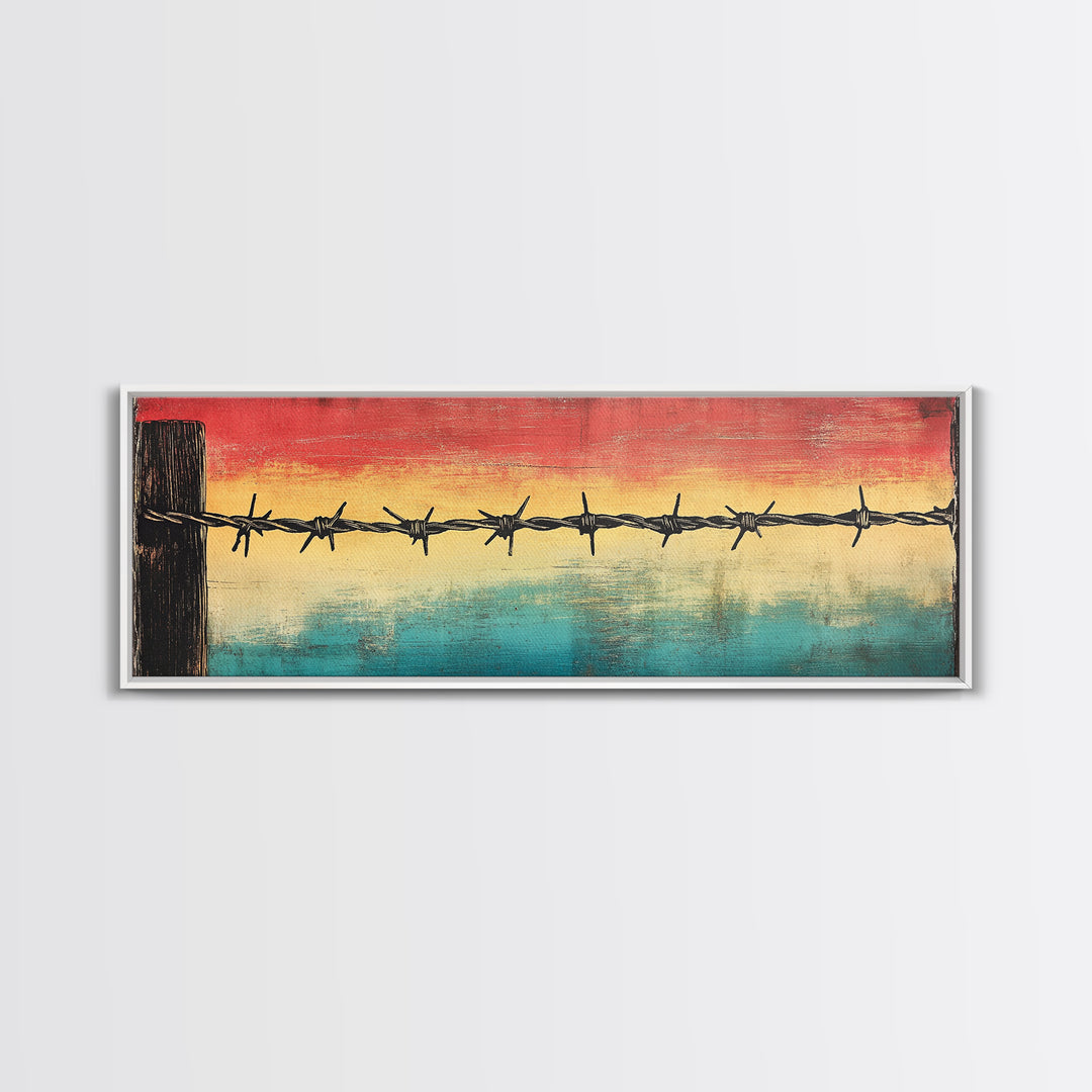 Barbed Wire Sunset Over Water Wall Art, Rustic Industrial Decor, Western Wall Art, Moody Canvas Print, Office Wall Decor