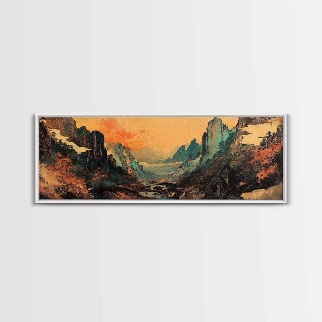 Misty Asian Mountain Valley Wall Art, Japanese Landscape, Zen Home Decor, Panoramic Canvas Print, Moody Living Room Wall Art