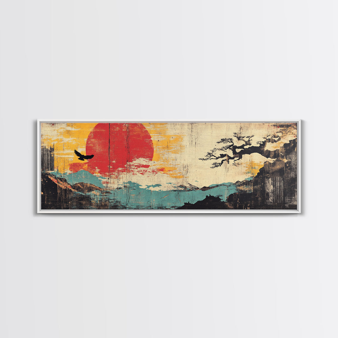 Red Sun Coastal Mountain Wall Art, Japanese Wall Art, Bird Silhouette, Japandi Decor, Panoramic Canvas Print, Home Decor