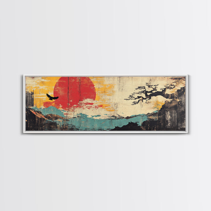 Red Sun Coastal Mountain Wall Art, Japanese Wall Art, Bird Silhouette, Japandi Decor, Panoramic Canvas Print, Home Decor