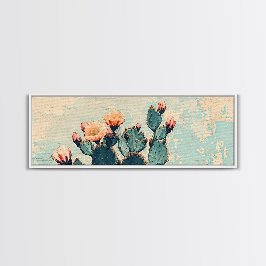 Blooming Prickly Pear Cactus Canvas Print, Southwestern Desert Wall Art, Floral Botanical Decor, Soft Blue Boho Home Decor