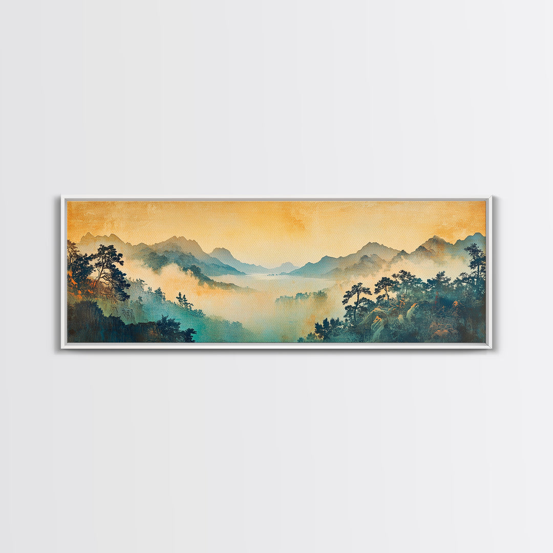 Misty Blue Mountain Valley Framed Canvas Print, Asian Landscape Wall Art, Zen Home Decor, Large Panoramic Nature Print, Office Decor