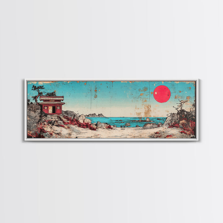 Seaside Shrine With Red Sun Wall Art, Japanese Coastal Print, Retro Pagoda Decor, Zen Ocean Landscape Canvas Gift For Home Decor