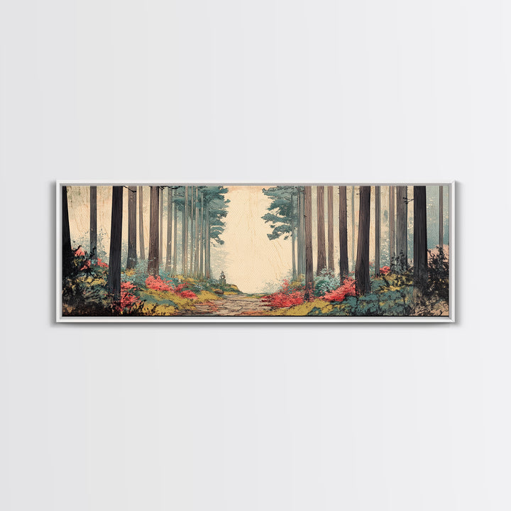Misty Forest Path With Tall Pines Wall Art, Woodland Landscape Print, Japandi Nature Decor, Calming Office Canvas For Home