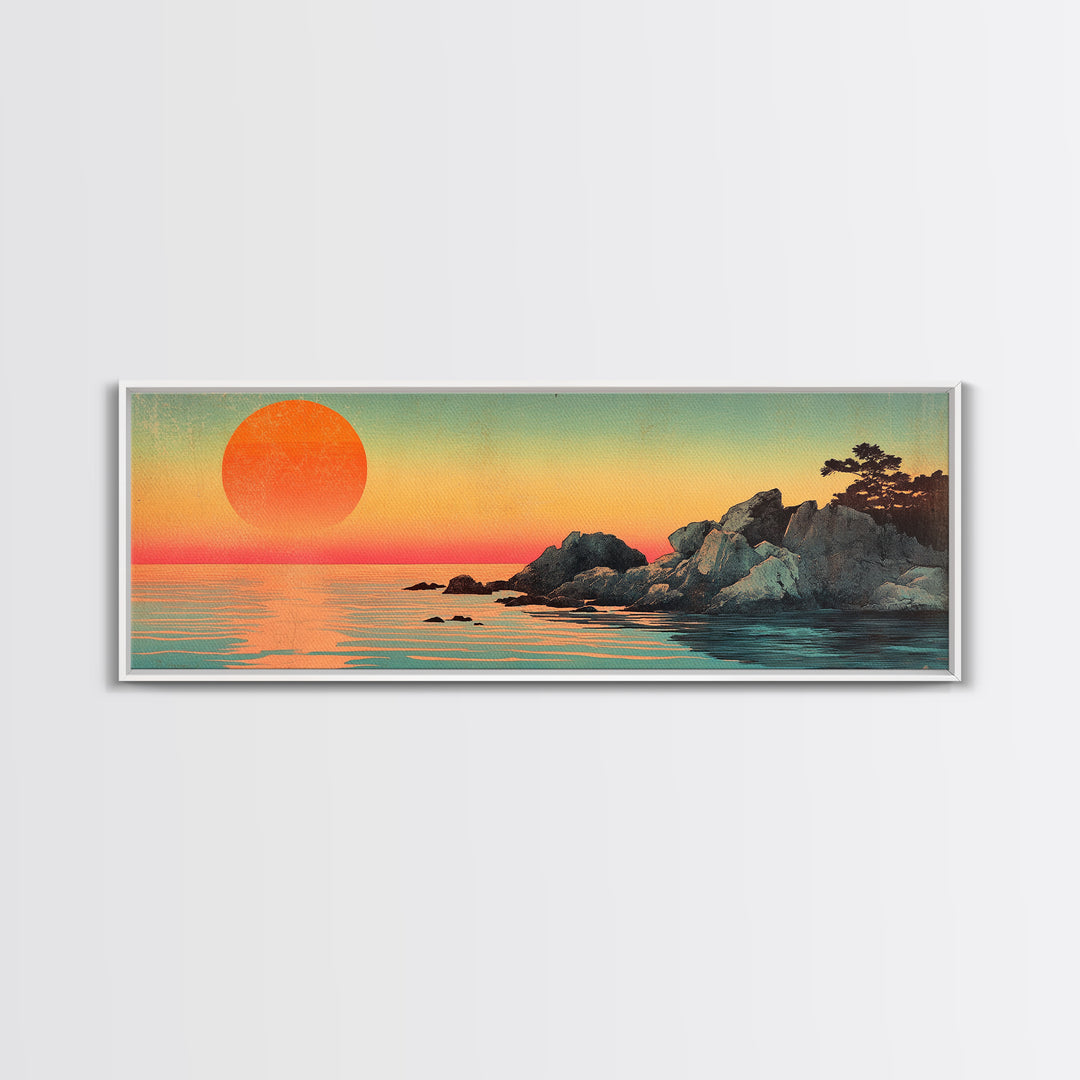 Orange Sunset Over Rocky Shore Wall Art, Japanese Coastal Seascape Print, Serene Ocean Decor, Large Horizontal Canvas Gift