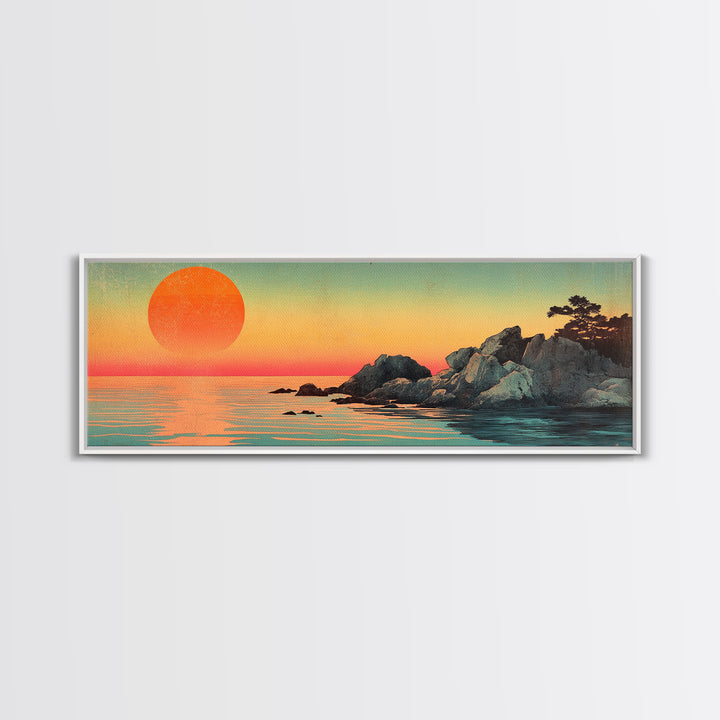 Orange Sunset Over Rocky Shore Wall Art, Japanese Coastal Seascape Print, Serene Ocean Decor, Large Horizontal Canvas Gift