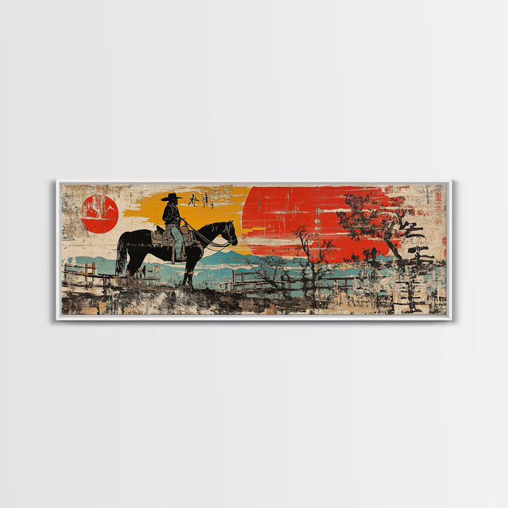 Cowboy On Horse By Red Barn Canvas Print, Rustic Western Landscape Wall Art, Farmhouse Country Decor, Ranch House Gift Idea