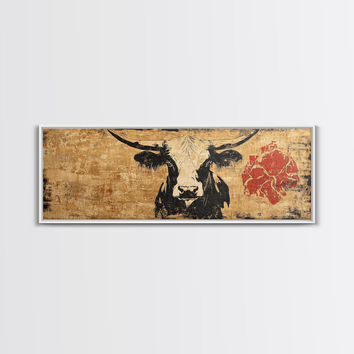 Black And White Longhorn Cow Wall Art, Rustic Western Canvas Print, Farmhouse Ranch Decor, Southwest Animal Poster Print