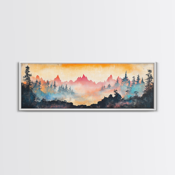 Misty Mountain Forest Sunrise Canvas Print, Panoramic Landscape Wall Art, Nature Inspired Living Room Home Decor, Cabin Decor