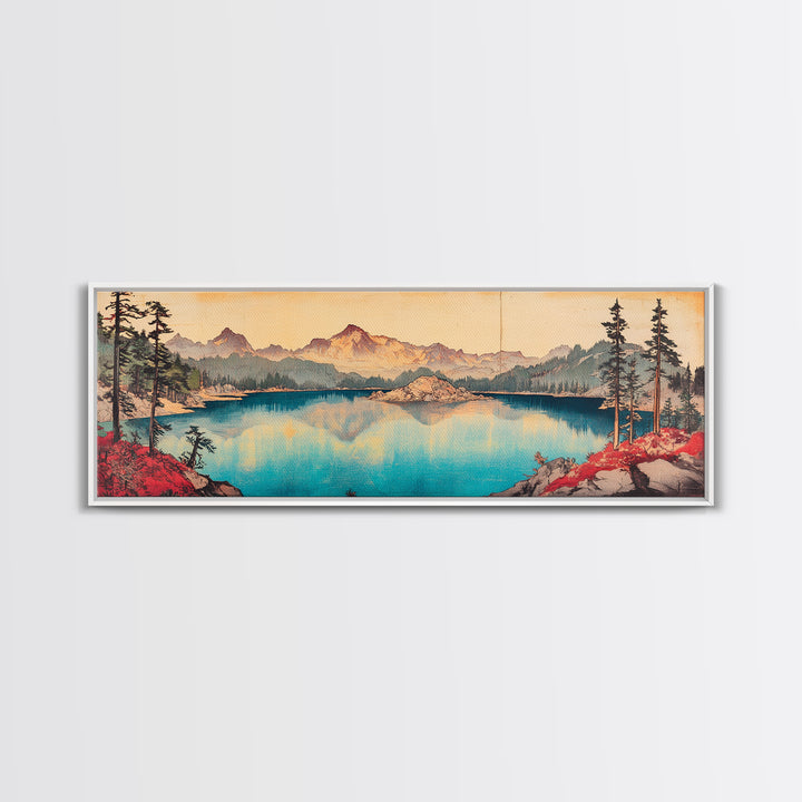 Turquoise Alpine Lake And Pine Mountain Wall Art, Panoramic Landscape Canvas Print, Rustic Cabin Living Room Home Decor Print