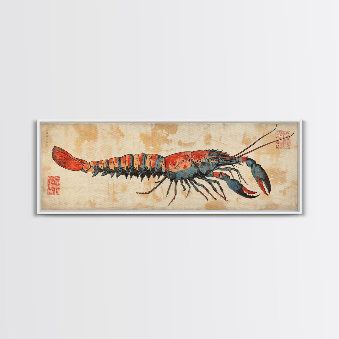 Red Lobster Illustration On Aged Parchment Wall Art, Nautical Seafood Canvas Print, Coastal Kitchen Dining Room Decor Foodie Gift