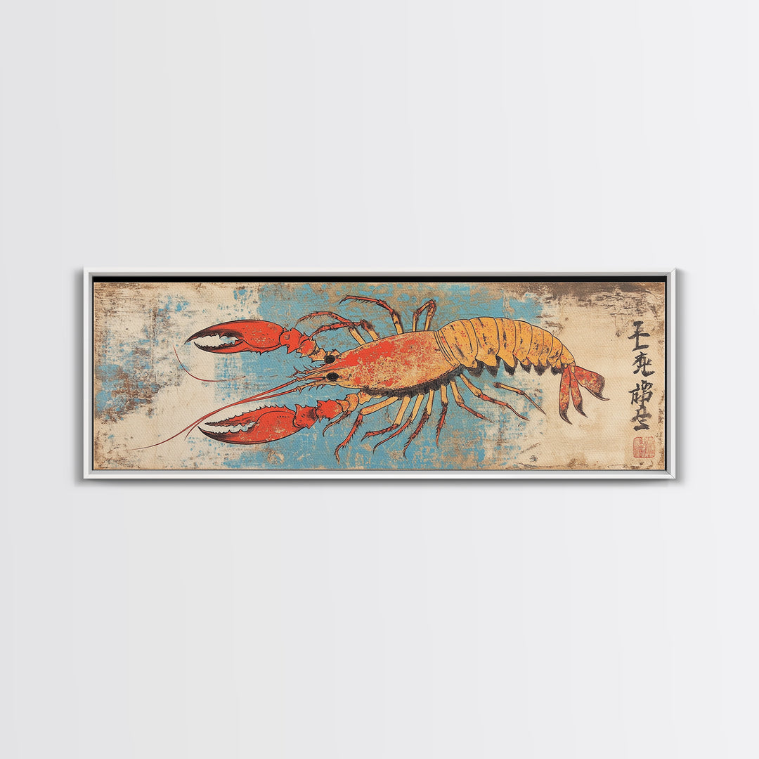 Orange Lobster On Weathered Blue Background Wall Art, Nautical Seafood Canvas Print, Coastal Kitchen Dining Room Decor Gift