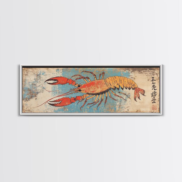 Orange Lobster On Weathered Blue Background Wall Art, Nautical Seafood Canvas Print, Coastal Kitchen Dining Room Decor Gift