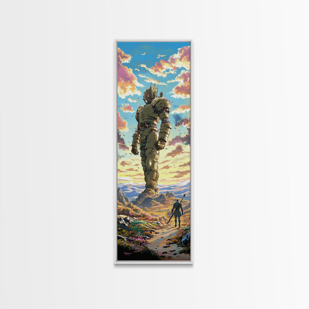 Colossal Stone Golem In Sunset Valley Wall Art, Fantasy Landscape Canvas Print, Epic Sci Fi Decor For Gamer Room And Living Room