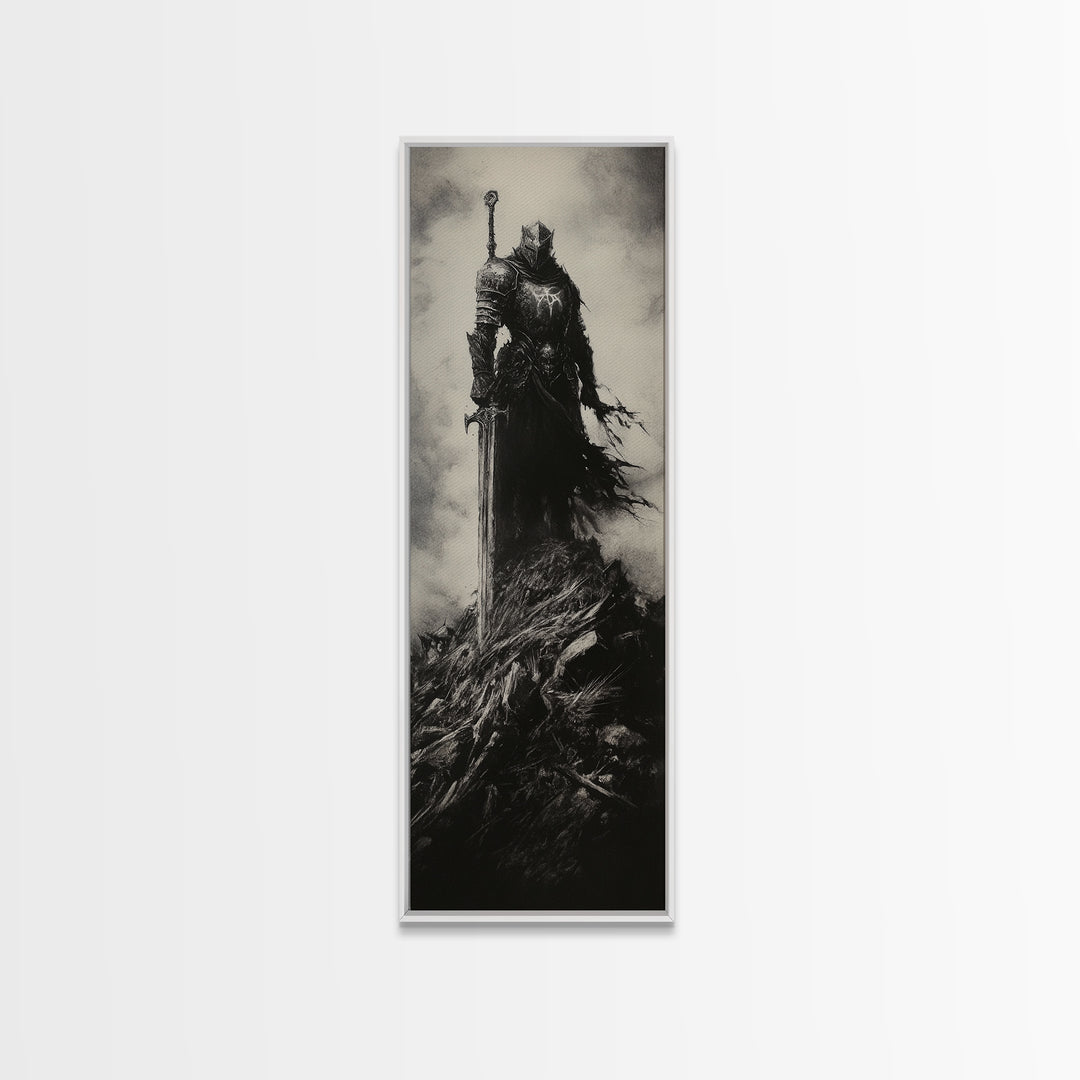 Dark Armored Knight With Sword Black And White Wall Art, Gothic Fantasy Canvas Print, Dark Academia Decor, Gift For Him Or Office Decor