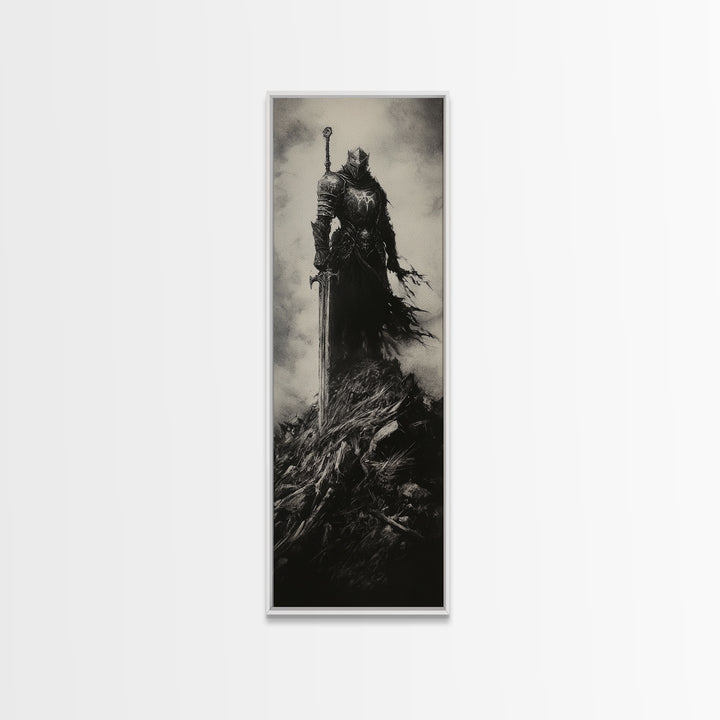 Dark Armored Knight With Sword Black And White Wall Art, Gothic Fantasy Canvas Print, Dark Academia Decor, Gift For Him Or Office Decor
