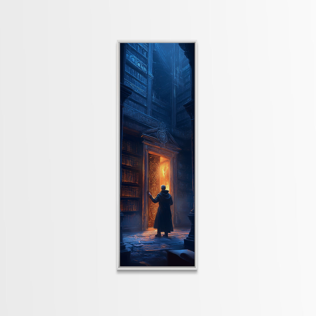 Glowing Portal Door In Dark Gothic Library Wall Art, Fantasy Bookstore Canvas Print, Dark Academia Decor For Reading Nook