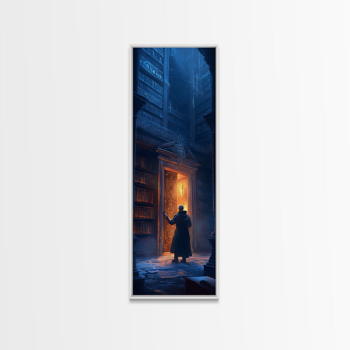 Glowing Portal Door In Dark Gothic Library Wall Art, Fantasy Bookstore Canvas Print, Dark Academia Decor For Reading Nook