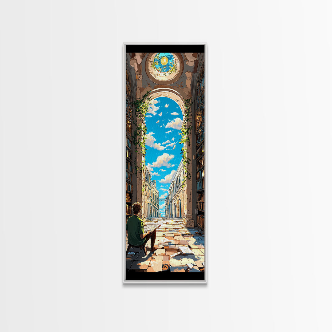 Sunlit Ruined Library Hall With Open Sky Wall Art, Whimsical Fantasy Canvas Print, Book Lover Decor For Reading Nook And Home Library