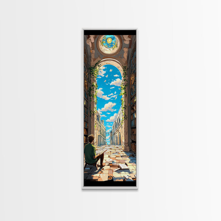 Sunlit Ruined Library Hall With Open Sky Wall Art, Whimsical Fantasy Canvas Print, Book Lover Decor For Reading Nook And Home Library