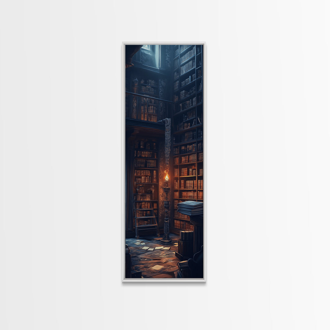 Moody Old Library With Tall Shelves And Candlelight Wall Art, Dark Academia Canvas Print, Gothic Home Library Wall Decor