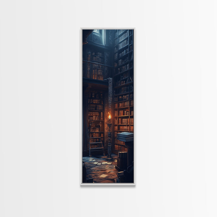 Moody Old Library With Tall Shelves And Candlelight Wall Art, Dark Academia Canvas Print, Gothic Home Library Wall Decor