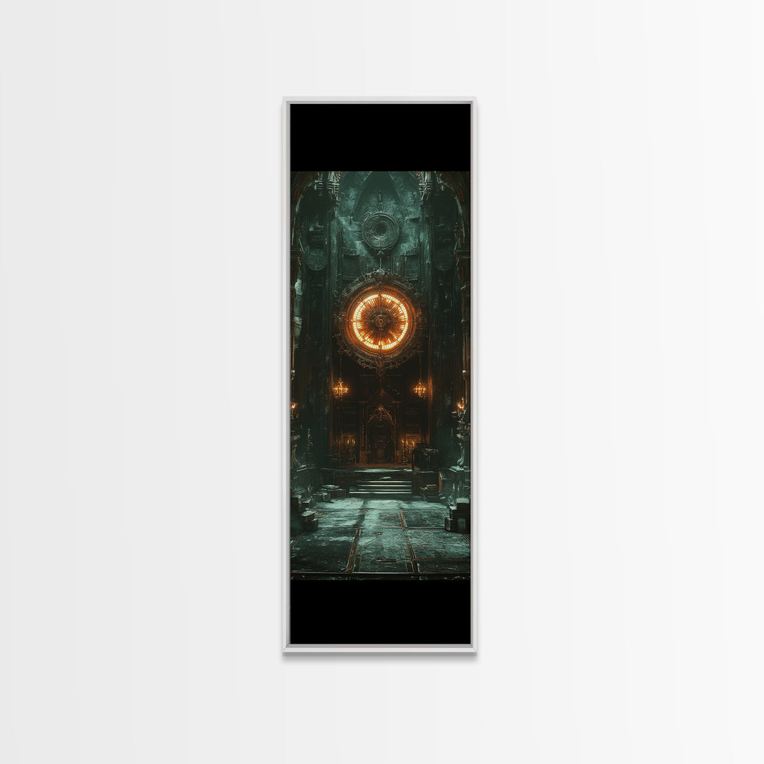 Glowing Astral Clock Door In Gothic Hall Wall Art, Dark Fantasy Canvas Print, Steampunk Decor, Moody Entryway Art For Office