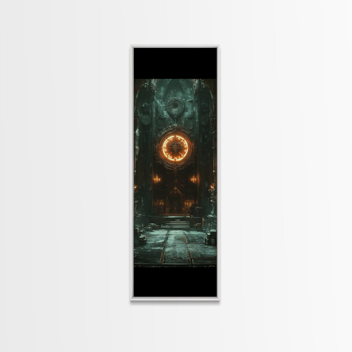 Glowing Astral Clock Door In Gothic Hall Wall Art, Dark Fantasy Canvas Print, Steampunk Decor, Moody Entryway Art For Office