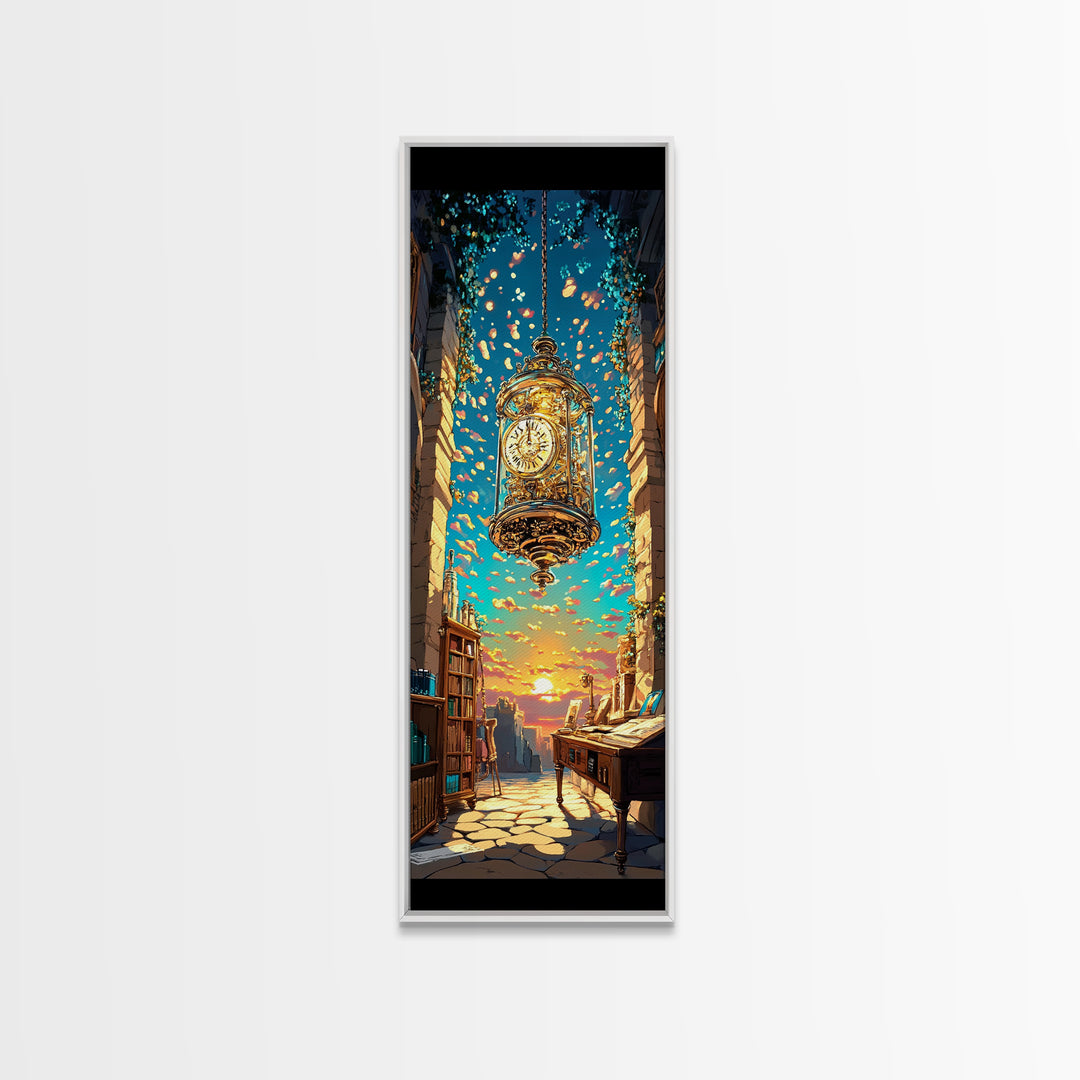 Floating Golden Clock Over Sunset Alley Wall Art, Whimsical Fantasy Canvas Print, Bookshop Travel Decor, Unique Gift For Her