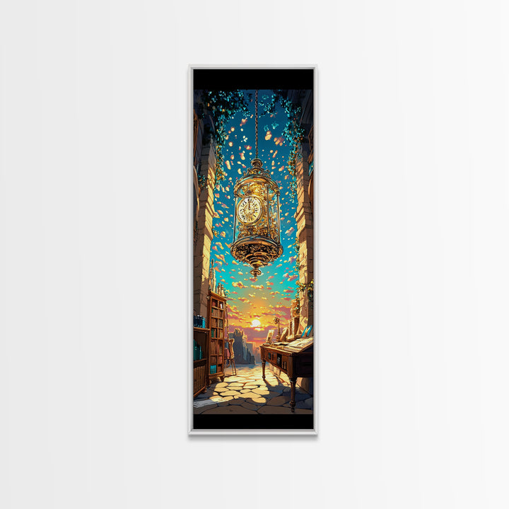 Floating Golden Clock Over Sunset Alley Wall Art, Whimsical Fantasy Canvas Print, Bookshop Travel Decor, Unique Gift For Her