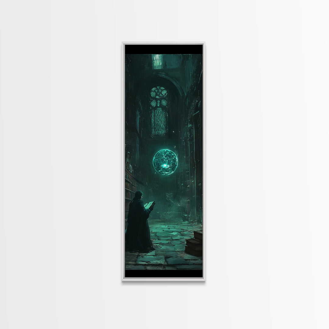 Dark Gothic Library With Teal Magic Orb Wall Art, Fantasy Castle Decor, Dark Academia Print, Moody Reading Nook Artwork Gift