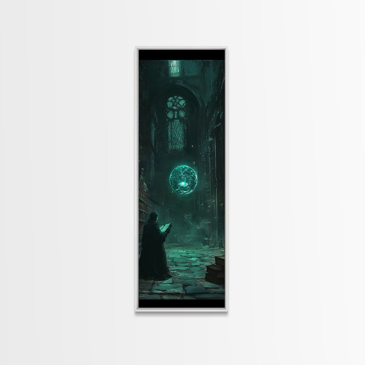 Dark Gothic Library With Teal Magic Orb Wall Art, Fantasy Castle Decor, Dark Academia Print, Moody Reading Nook Artwork Gift