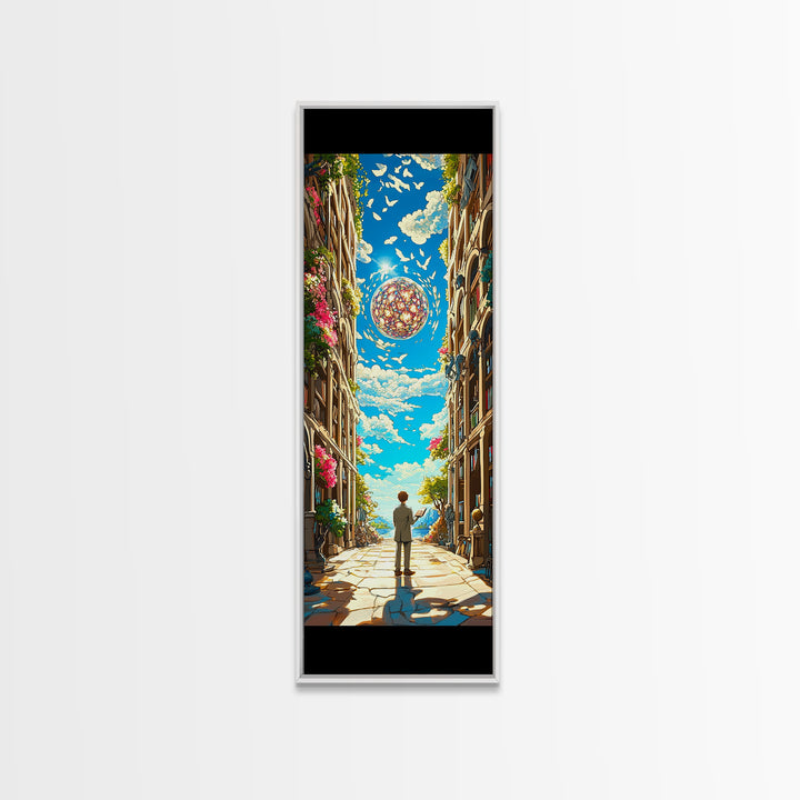 Sunlit European Alley With Birds And Glass Orb Canvas Print, Coastal Wall Art, Fantasy Travel Poster, Bright Home Decor Gift