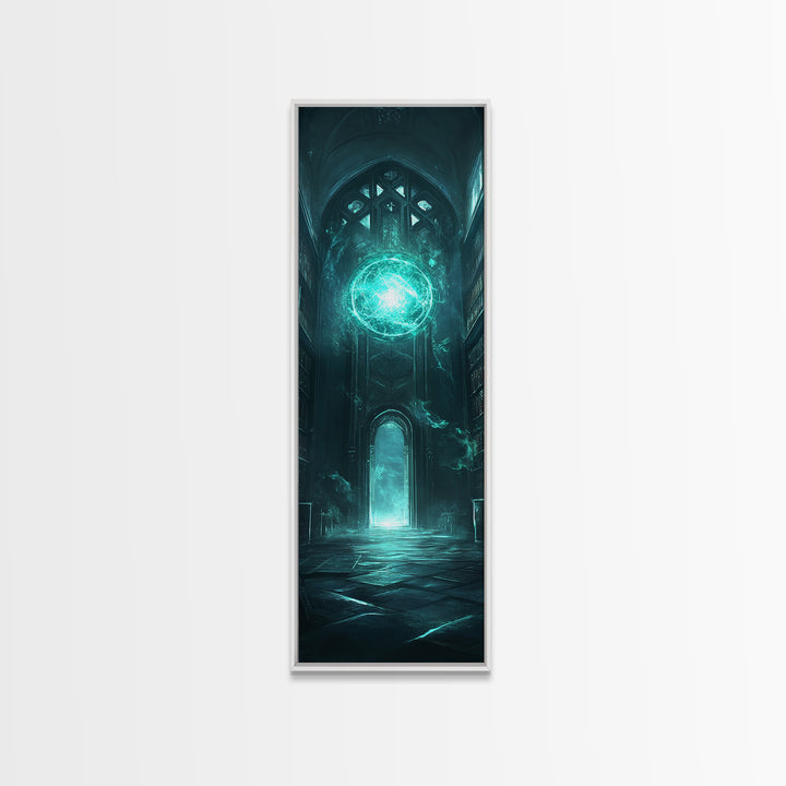 Teal Magic Orb In Gothic Cathedral Wall Art, Dark Fantasy Canvas Print, Dark Academia Decor, Mystical Library Artwork Gift