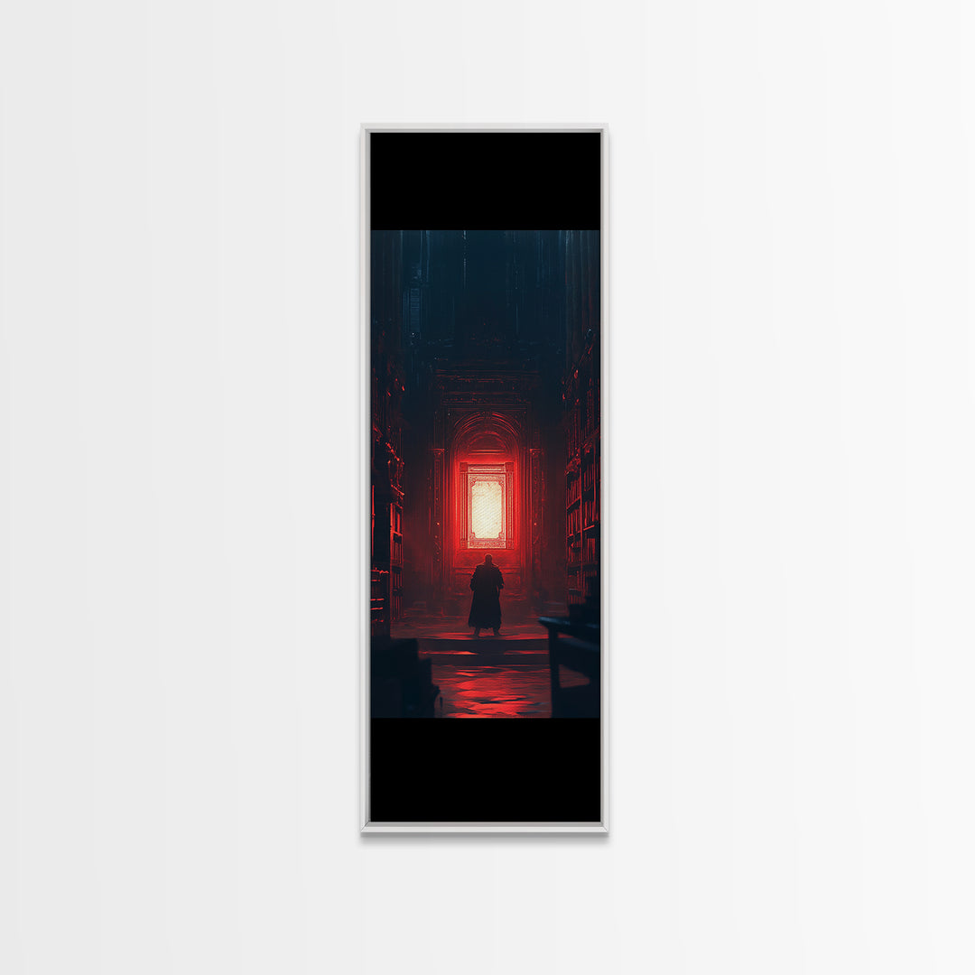 Red Glowing Door In Dark Library Wall Art, Gothic Framed Canvas Print, Dark Academia Decor, Moody Fantasy Artwork Gift For Him