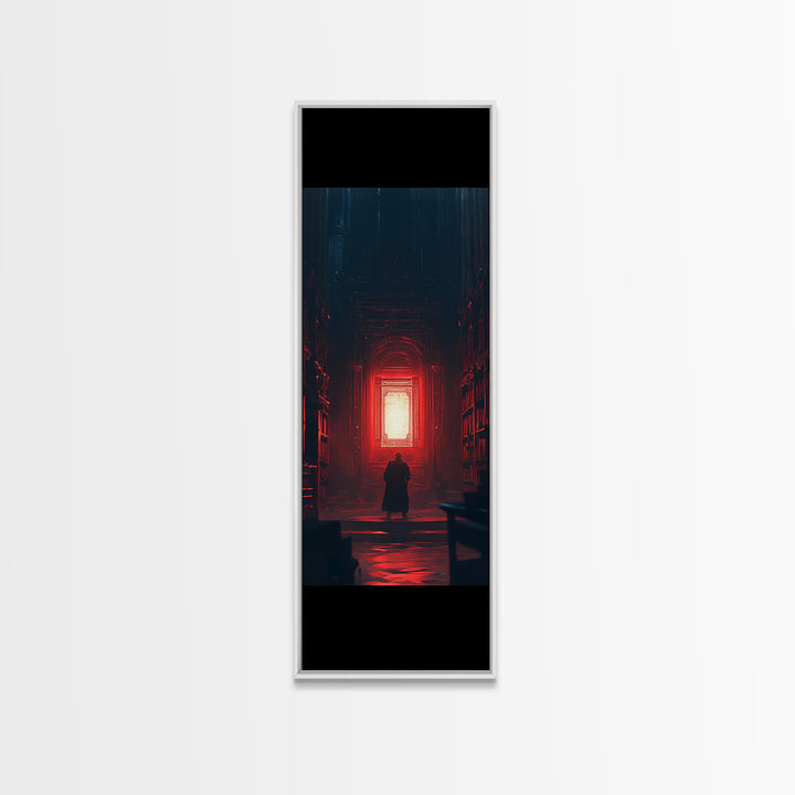 Red Glowing Door In Dark Library Wall Art, Gothic Framed Canvas Print, Dark Academia Decor, Moody Fantasy Artwork Gift For Him