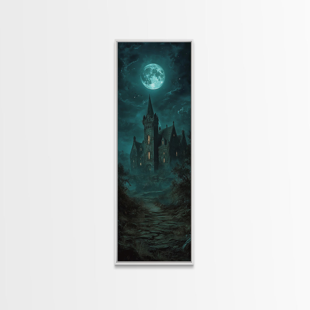 Moonlit Gothic Castle On Misty Path Wall Art, Dark Academia Canvas Print, Haunted House Decor, Moody Fantasy Gothic Wall Decor Gift