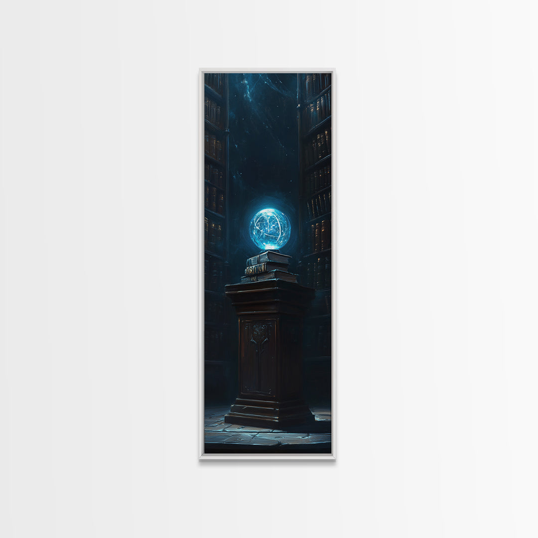 Glowing Blue Orb In Dark Library Framed Canvas Print, Fantasy Wall Decor, Mystical Bookish Art For Dark Academia Reading Nook Decor