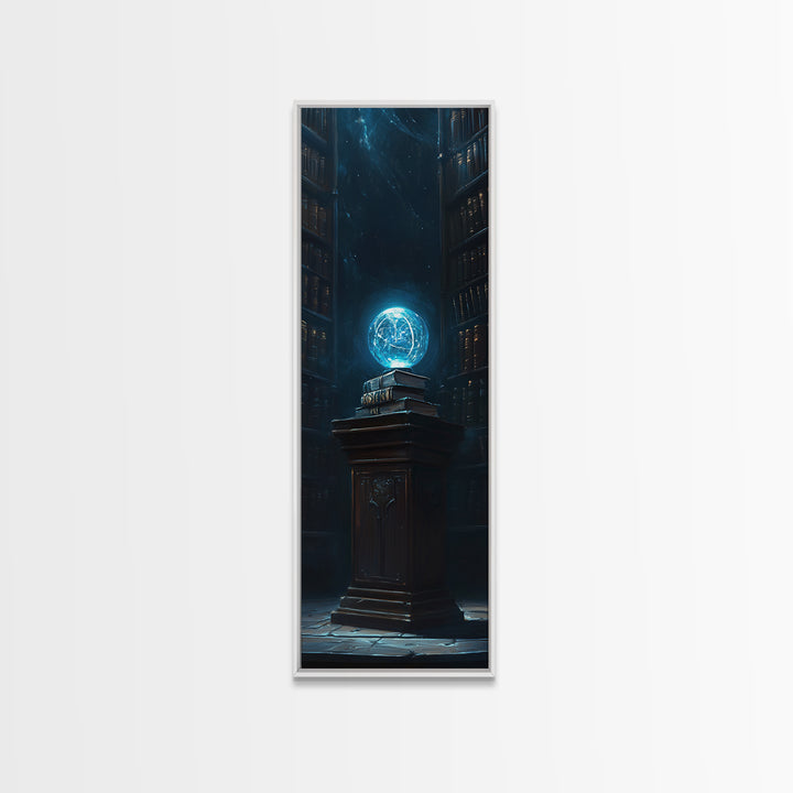 Glowing Blue Orb In Dark Library Framed Canvas Print, Fantasy Wall Decor, Mystical Bookish Art For Dark Academia Reading Nook Decor