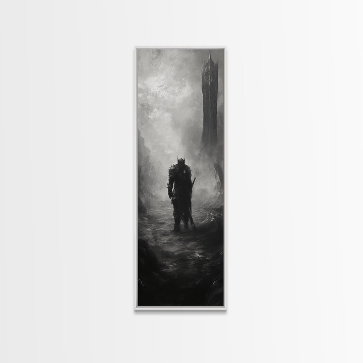 Lone Warrior Before Dark Tower Wall Art, Black And White Fantasy Print, Gothic Dark Art For Game Room Decor, Moody Statement Artwork