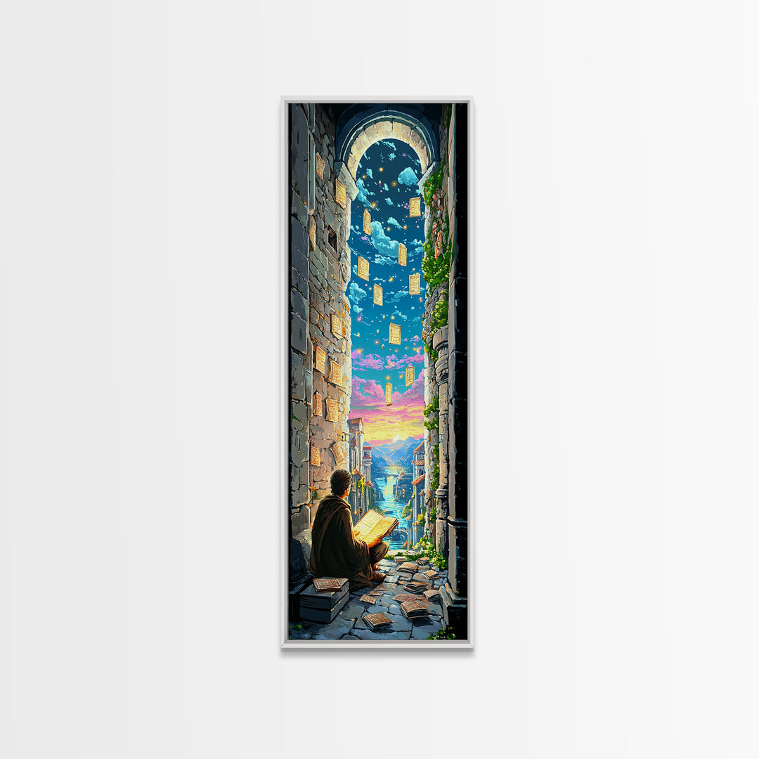 Scholar Reading Under Stone Arch Canvas Print, Floating Pages Fantasy Wall Decor, Magical Library Art For Book Lovers Gift